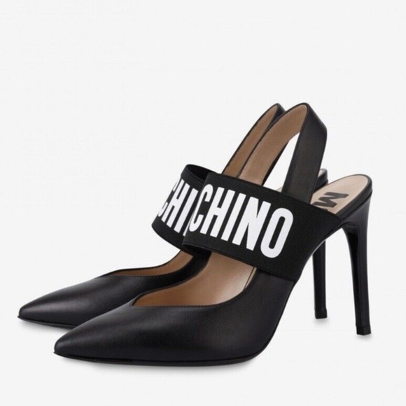 Moschino Logo Elastic Band Slingback Leather Heels